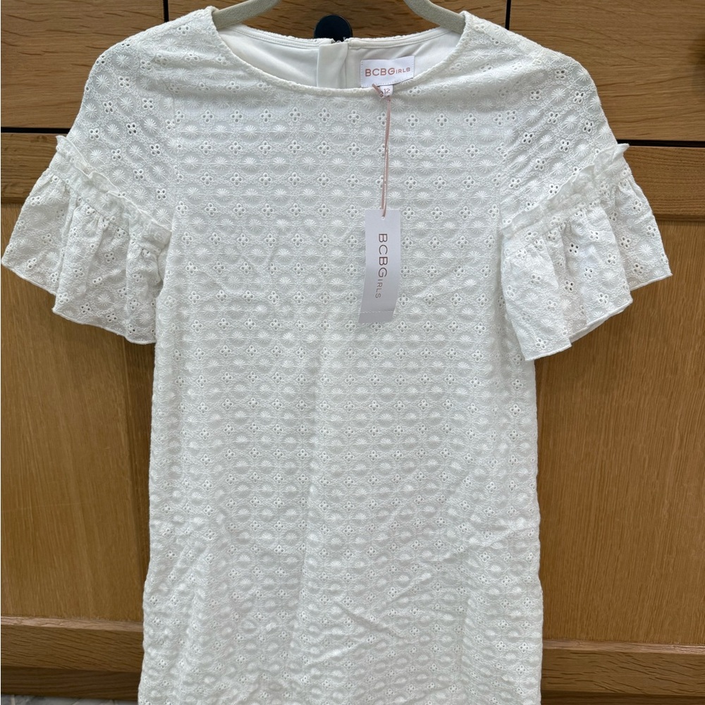 BCBG Girls White Eyelet Ruffle Sleeve Dress - size 12